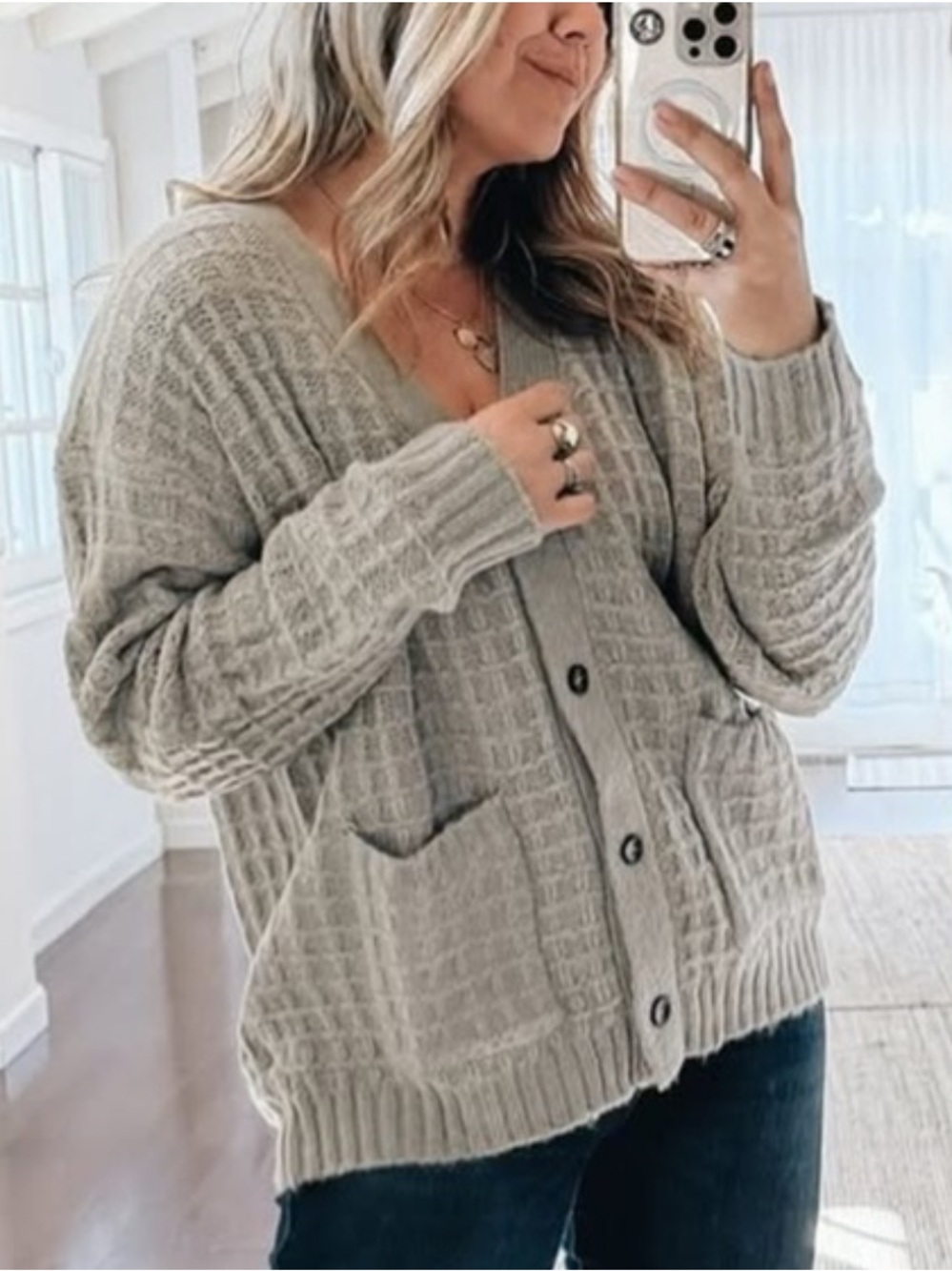 CJLA Cozy Grey Waffle Weave Button-Front Cardigan Sweater, M